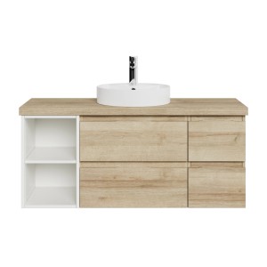 Pelipal Badmöbel-Set Serie 4035: Waschtisch mit Becken, Unterschränke in Riviera Eiche und Weiß Glanz.