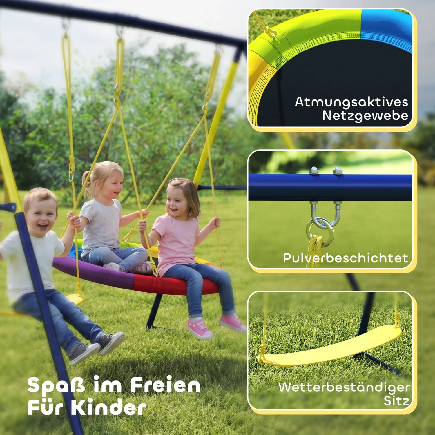 Lachende Kinder auf AIYAPLAY Schaukelgestell aus Stahl mit Nestschaukel & klassischer Schaukel im Garten. Robust, wetterfest, pulverbeschichtet.