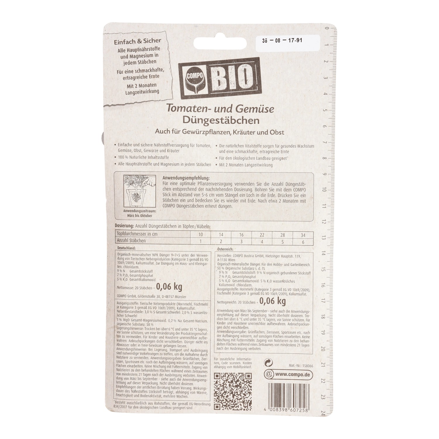 Compo Bio Tomaten- und Gemüse Düngestäbchen 20 Stäbchen_2