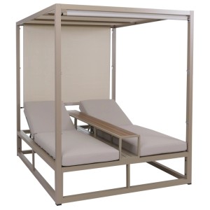 Beige MCW Alu Lounge-Gartenliege mit Polster und Tisch für zwei Personen.