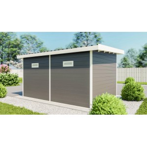 Modernes, anthrazitfarbenes Elephant WPC Gartenhaus mit Flachdach und Lüftungsschlitzen.