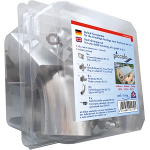 Ablaufset für SDF Kastenrinne Alu Natur, bestehend aus Enddeckel, Ablaufstutzen, Verbinder, Fallrohrbogen und Fallrohrschelle.