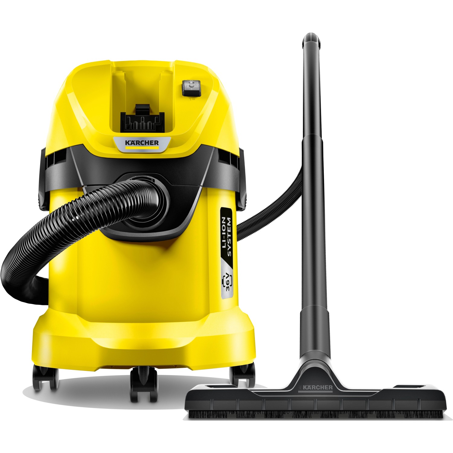 Kärcher Akku-Mehrzwecksauger WD 3 Battery, gelb, mit Saugschlauch und Bodendüse.