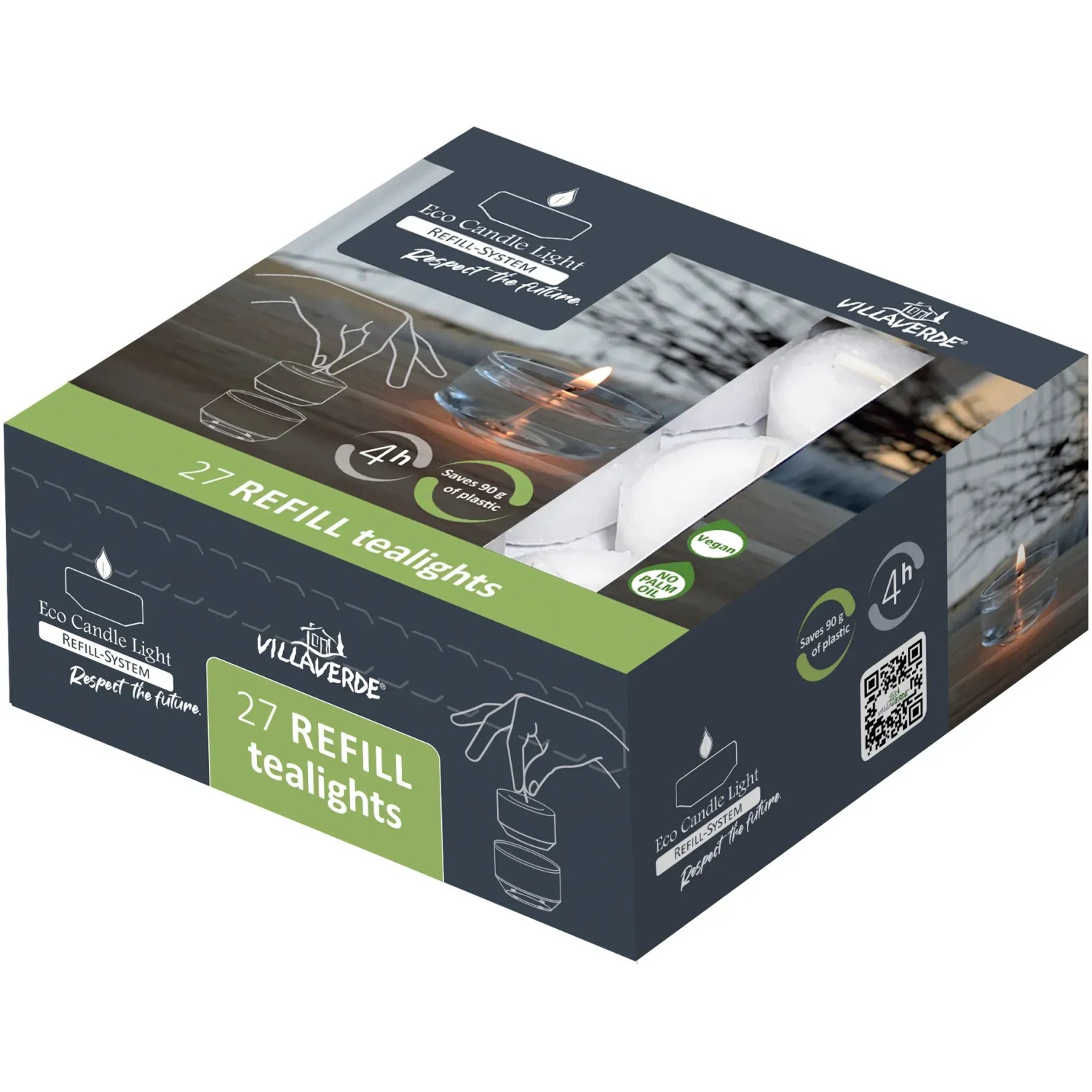 Verpackung Teelichter ECL 27er Refill, weiße Wachsrohlinge zum Nachfüllen, Brenndauer 4h.