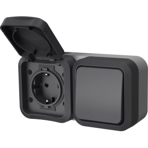 AquaPro Schalterkombination für Außen, Aufputz, IP55, Anthrazit. Steckdose und Schalter mit geöffneten Klappen.