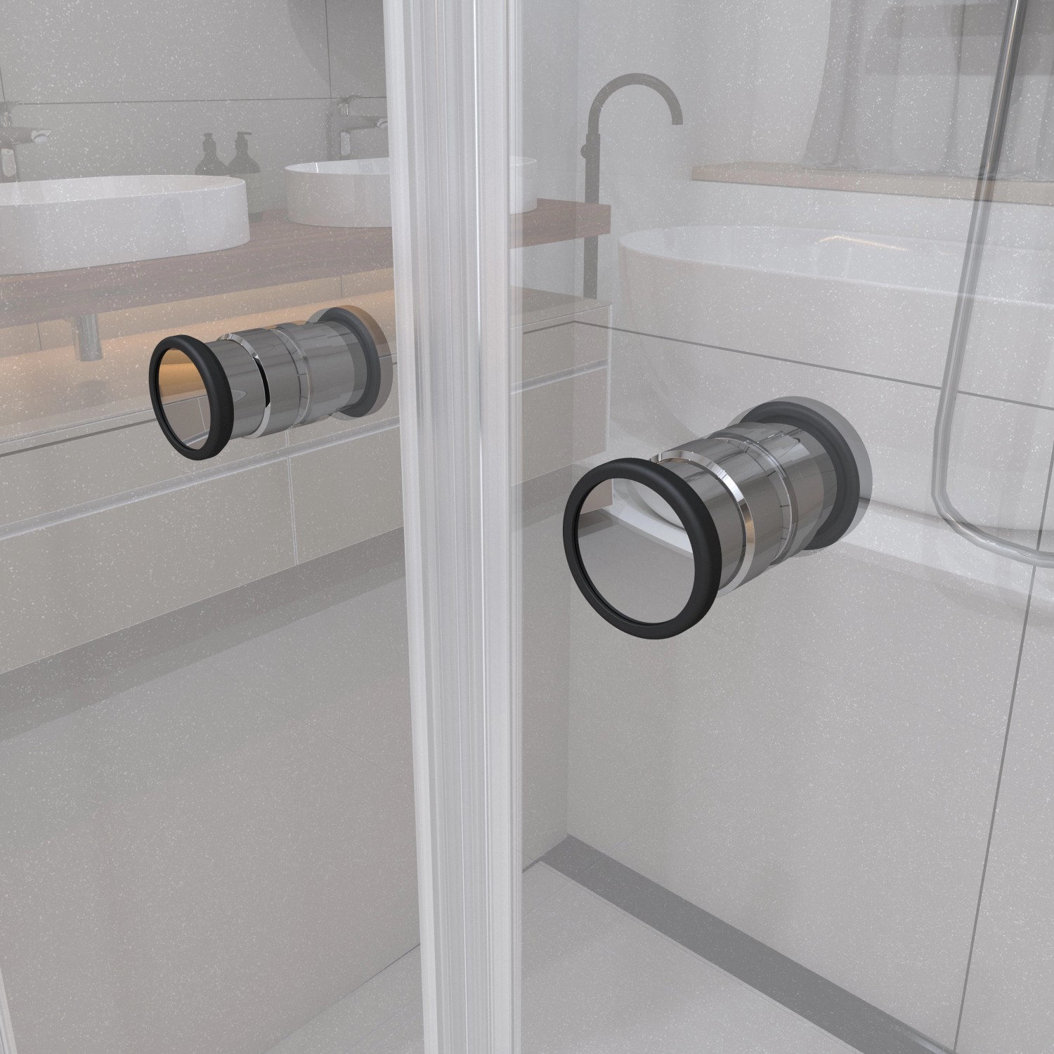 Brava Dusch-Pendeltür, Chrom, Sonderanfertigung: Detailansicht der magnetischen Griffe.