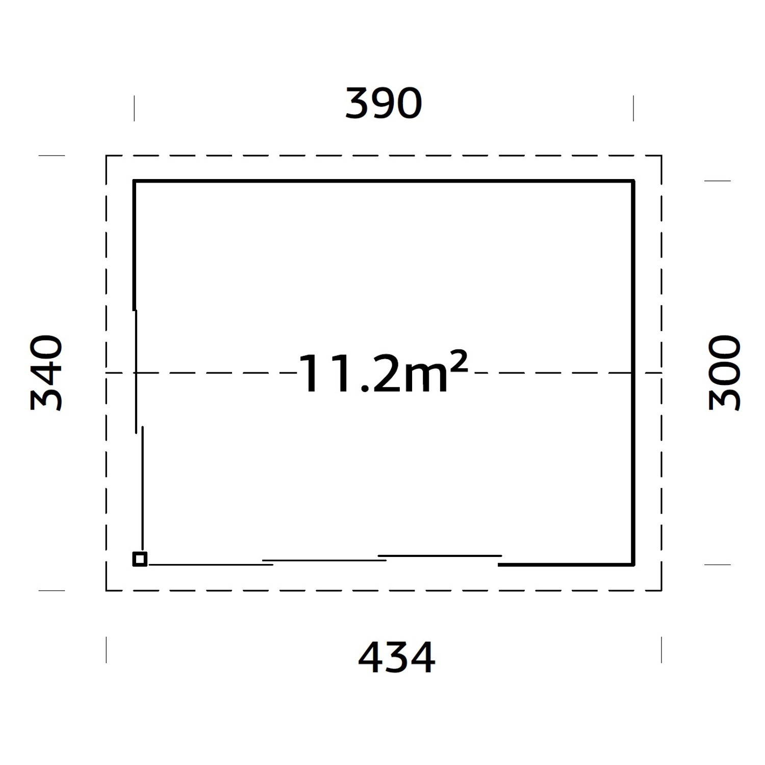 Grundriss Palmako Gartenhaus Amanda Slide, 390x300 cm, Maße und Fläche (11,2 m²).