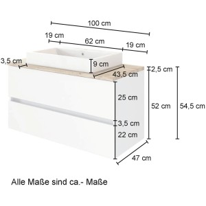 Maße des Held Möbel Waschtisch Ferrara 100 cm in Wotaneiche mit Aufsatzbecken.