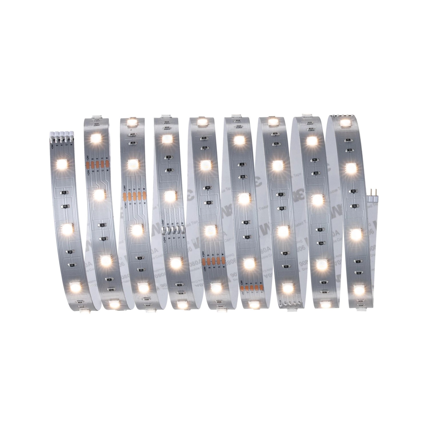 Flexibler Paulmann MaxLED 250 RGBW LED-Streifen, 2,5 m, silberfarben, mit warmweißen LEDs.