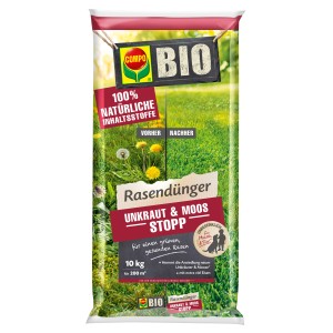 Compo Bio-Rasendünger Unkraut & Moos Stopp, 10 kg Sack für einen gesunden, unkrautfreien Rasen.