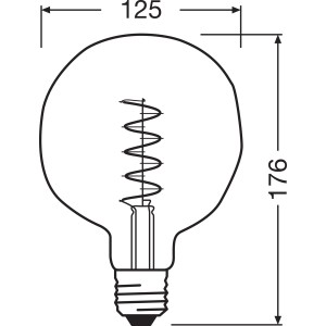 Technische Zeichnung: Osram LED-Leuchtmittel E27, 4,5W, extra warmweiß, Maße 17,6 x 12,5 cm (H x Ø).