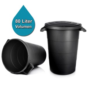 BigDean Wetterfeste Universaltonne Mit Deckel Und 2 Stabilen Tragegriffen 80 Liter SCHWARZ Regentonne Mülleimer Indoor Und Outdoor Geeignet Made