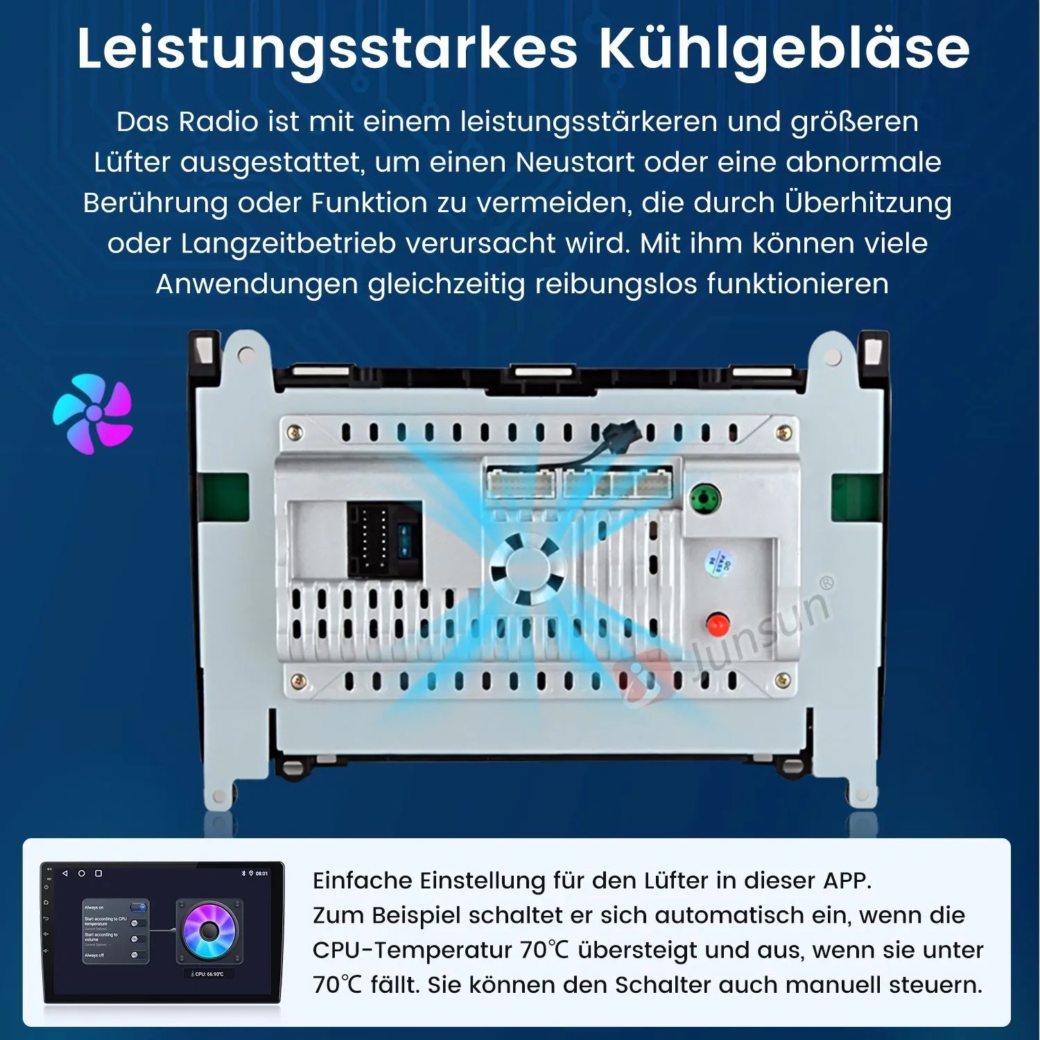 Rückseite des Junsun Autoradios mit leistungsstarkem Kühlgebläse und Luftstromanzeige für Mercedes-Benz Modelle.