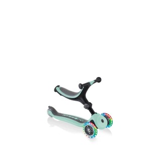 Globber Go-Up Foldable Lights 3-in-1 Dreirad in Mint mit bunten LED-Rollen, höhenverstellbar für Kinder.
