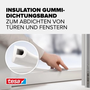 Weiße tesa P-Profil Gummidichtung wird an Fensterrahmen angebracht. Ideal für Tür- & Fensterdichtungen, selbstklebend.