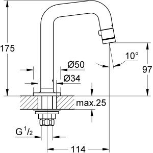Technische Zeichnung: Grohe Kaltwasser-Standventil Universal Chrom mit Maßangaben.