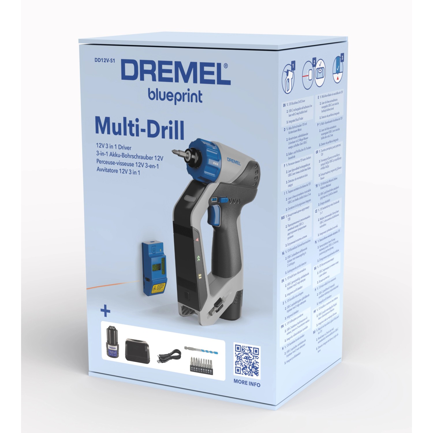 Dremel DD12V-S1 Akku-Bohrschrauber 3-in-1 im Set mit Zubehör und Ladegerät in der Verpackung.