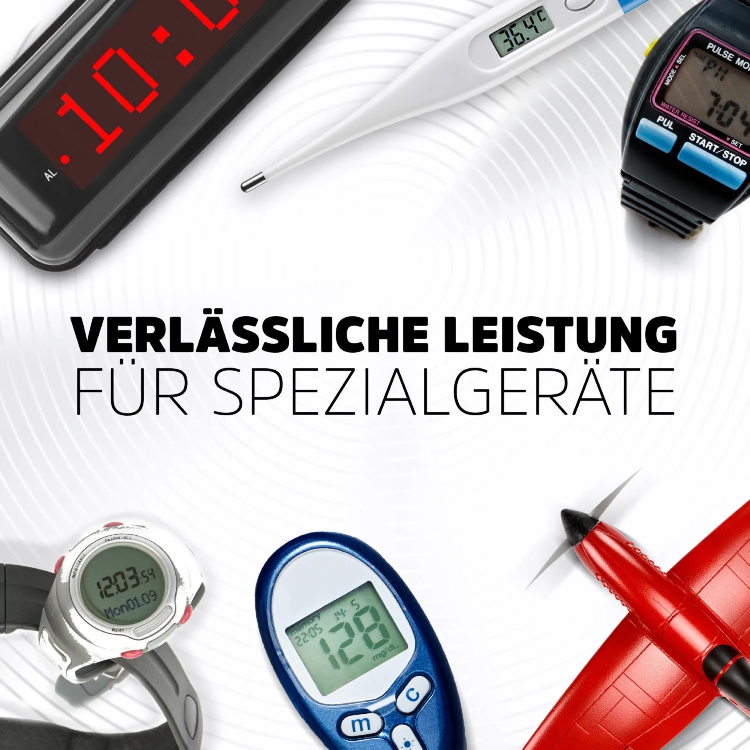 Produktbild: Knopfzellen für diverse Geräte wie Uhren, Thermometer und Blutzuckermessgeräte.
