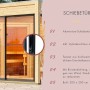 Detailaufnahme: Karibu Saunahaus "Huelva" mit Schiebetür, Zylinderschloss und Fenster. Saunahaus für den Garten.