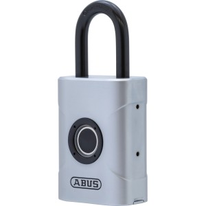 Abus Vorhangschloss Touch 57/45 in Silber mit Fingerabdrucksensor und schwarzem Bügel.