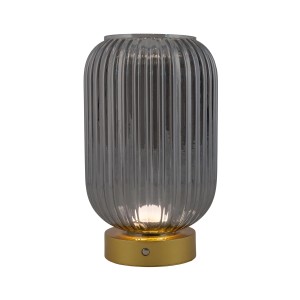 Näve LED-Akkutischleuchte Luise, goldfarbene Basis, geriffelter Glasschirm, dimmbar.