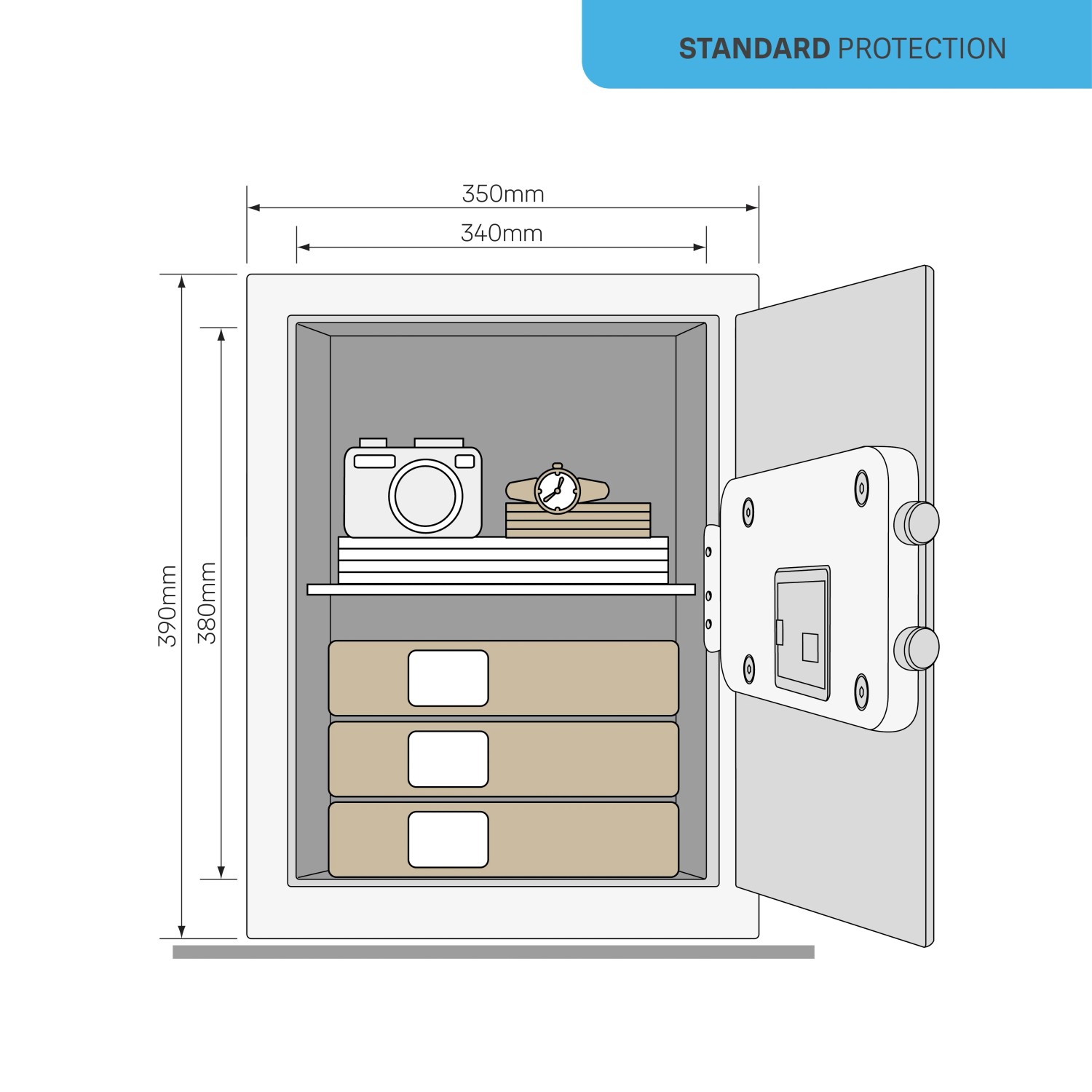 Geöffneter Yale Tresor Value Safe L (40 l) in Schwarz mit Kamera, Uhr und Dokumenten zur Illustration.