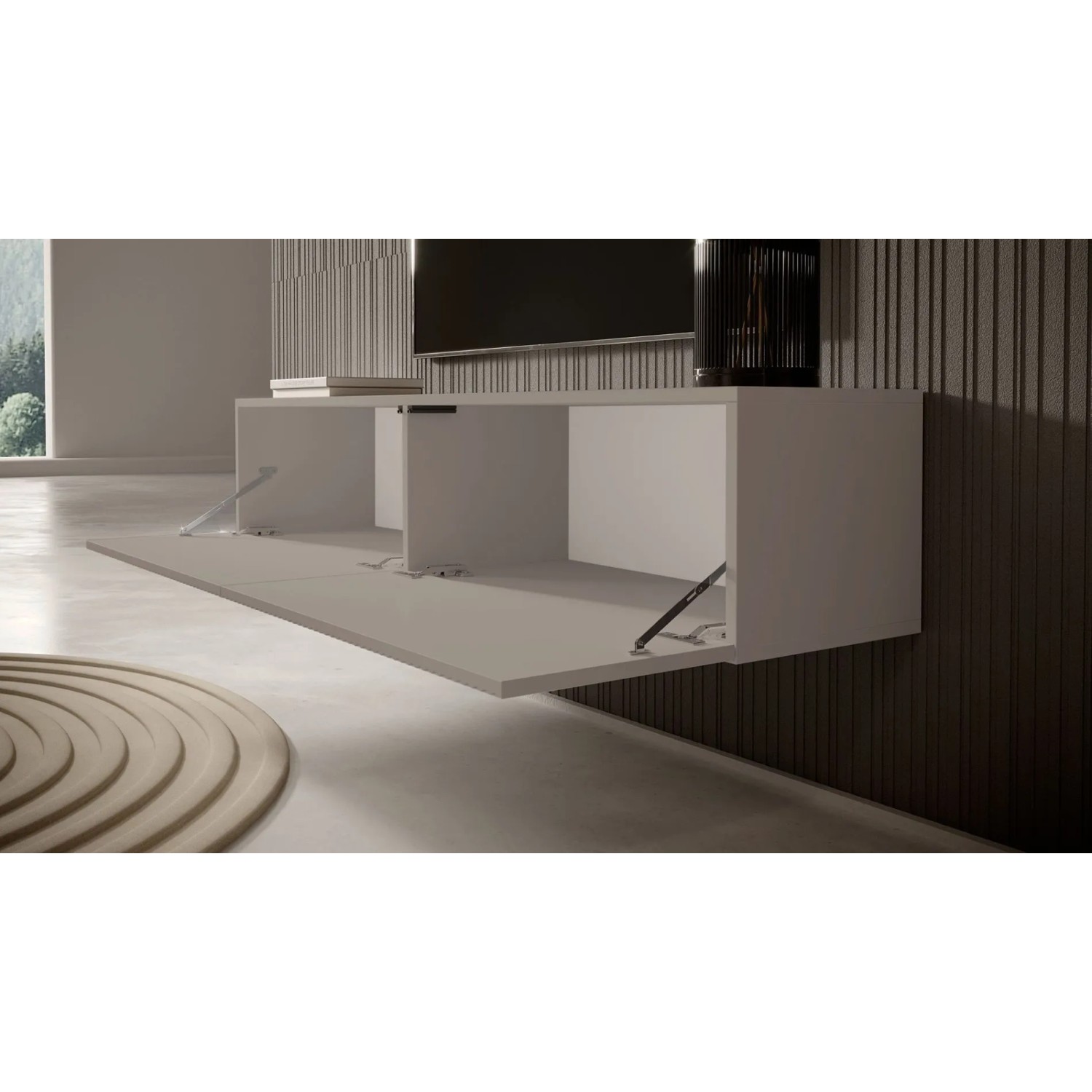 Selsey Veldio TV-Hängeboard in Greige mit geöffneten Lamellenfronten. Modernes TV-Möbel für Wohnzimmer.