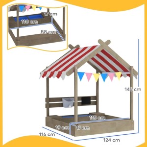 Outsunny Sandkasten aus Holz mit rot-weißem Dach, bunten Wimpeln und Sitzbänken. Wetterbeständige Sandkiste für Kinder.