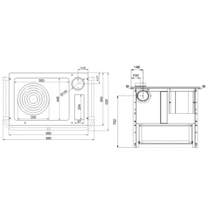 Technische Zeichnung Landhausherd K 185 F rechts, Maße und Details für Installation.