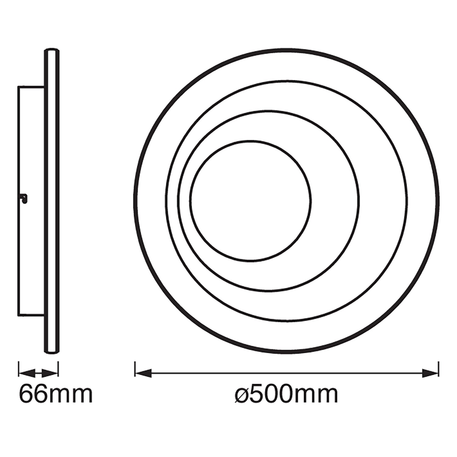 Skizze der Ledvance Smart+ WiFi Deckenleuchte Orbis Spiral, Ø 50 cm, mit Maßangaben.