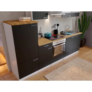 Respekta Küchenzeile KB270WSC, 270 cm, schwarz-weiße Einbauküche mit E-Geräten.