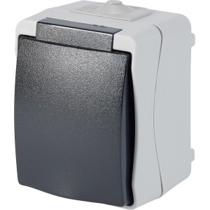 Graue Feuchtraum-Steckdose 1-fach IP44 mit Klappdeckel für Aufputzmontage.