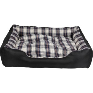 Schwarzes Hunde- und Katzenbett 90x70 cm mit kariertem Kissen zum Herausnehmen.