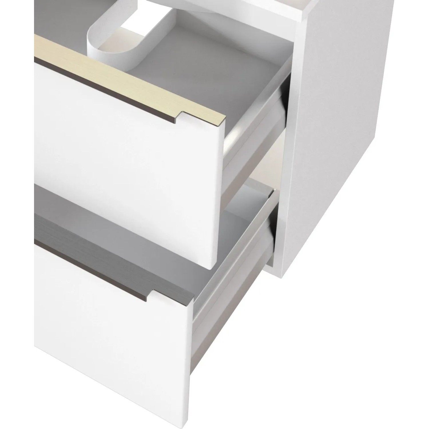 Detailaufnahme: Weißer Held Möbel Einzelwaschtisch Monza (60 cm) mit offenen Schubladen.