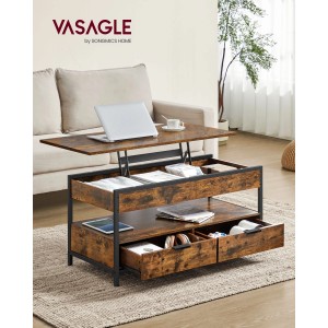 Vasagle Couchtisch, höhenverstellbar, braun-schwarz, mit Schubladen und Ablageflächen.