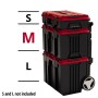 Einhell E-Case M Systemkoffer, leer, schwarz-rot, gestapelt mit anderen Koffern (S und L nicht enthalten).