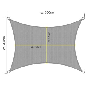 Rechteckiges, graues Sol Royal Sonnensegel SolVision HS9, 200x300cm, mit Maßangaben.