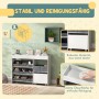 Weißes AIYAPLAY Kinderregal aus MDF mit grauen Stoffboxen. Robust, kippsicher, bietet viel Stauraum für Spielzeug und Bücher.