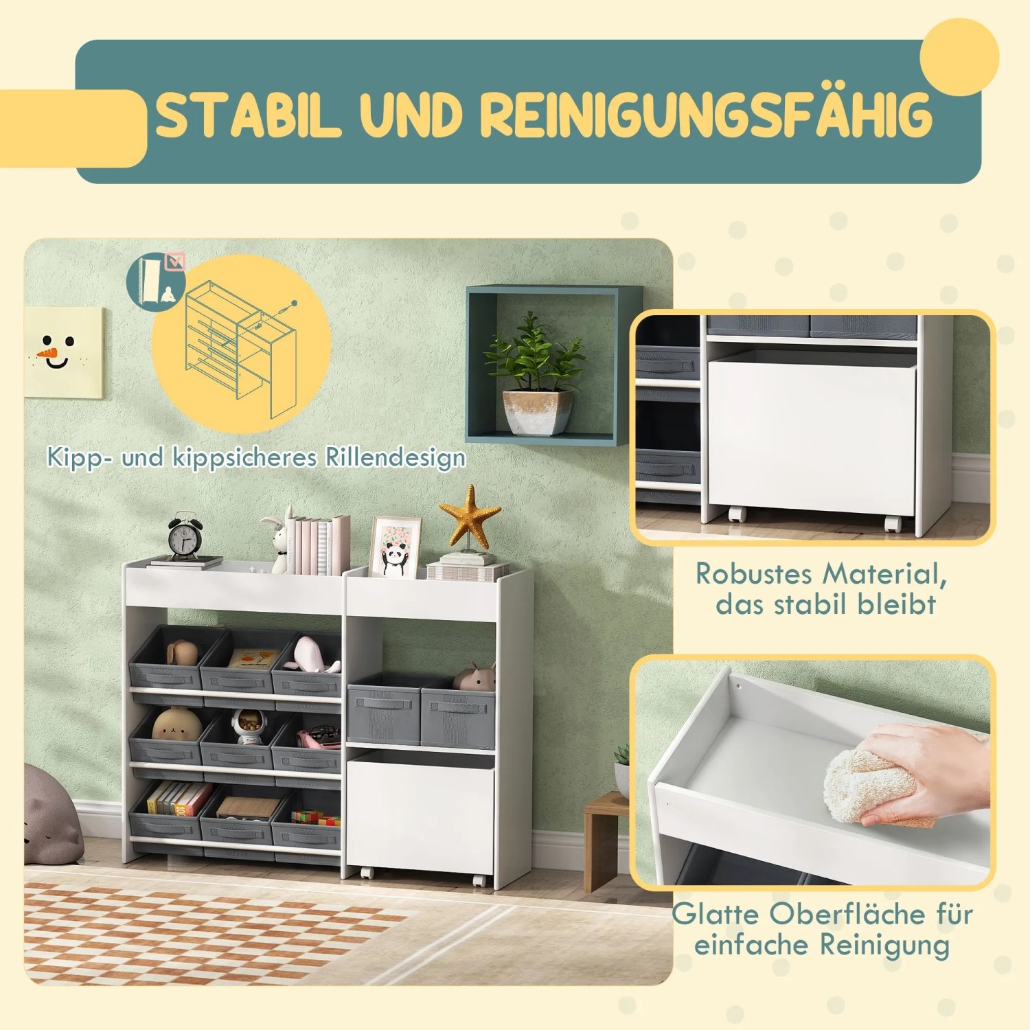 Weißes AIYAPLAY Kinderregal aus MDF mit grauen Stoffboxen. Robust, kippsicher, bietet viel Stauraum für Spielzeug und Bücher.