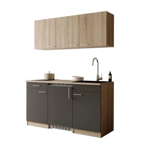 Respekta Ingrid Singleküche 150 cm: graue Fronten, Eiche-Optik, mit Kühlschrank, Kochfeld und Spüle. Kompakte Miniküche.