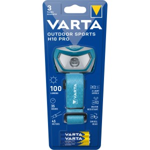 Varta Outdoor Sports H10 Pro Kopfleuchte, blau, mit Batterien. Ideal für Outdoor-Aktivitäten.