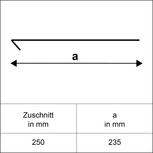 Skizze Traufstreifen Alu Natur, Zuschnitt 250x1000 mm, Detailzeichnung mit Maßen.