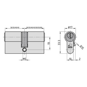Technische Zeichnung: Basi V50 Profil-Doppelzylinder 45/55 mm, Maße und Details.