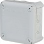 Grauer OBO Abzweigkasten Aufputz, 114x114mm, IP66, mit 7 Anschlussmöglichkeiten.