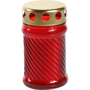 Rote Grablampe Iglesia A aus Glas mit goldenem Deckel und weißer Kerze.