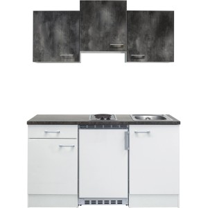 Flex-Well Singleküche Lucca 150 cm, weiß/Caledonia, mit Kühlschrank, Kochfeld und Spüle.