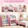 Modulares rosa AIYAPLAY Kinderregal aus MDF, gezeigt als Bücherregal, Spielzeugregal und Nachttisch im Kinderzimmer.