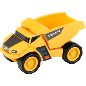Gelber Volvo Power Kipplaster aus Kunststoff, robustes Spielzeug für Kinder.