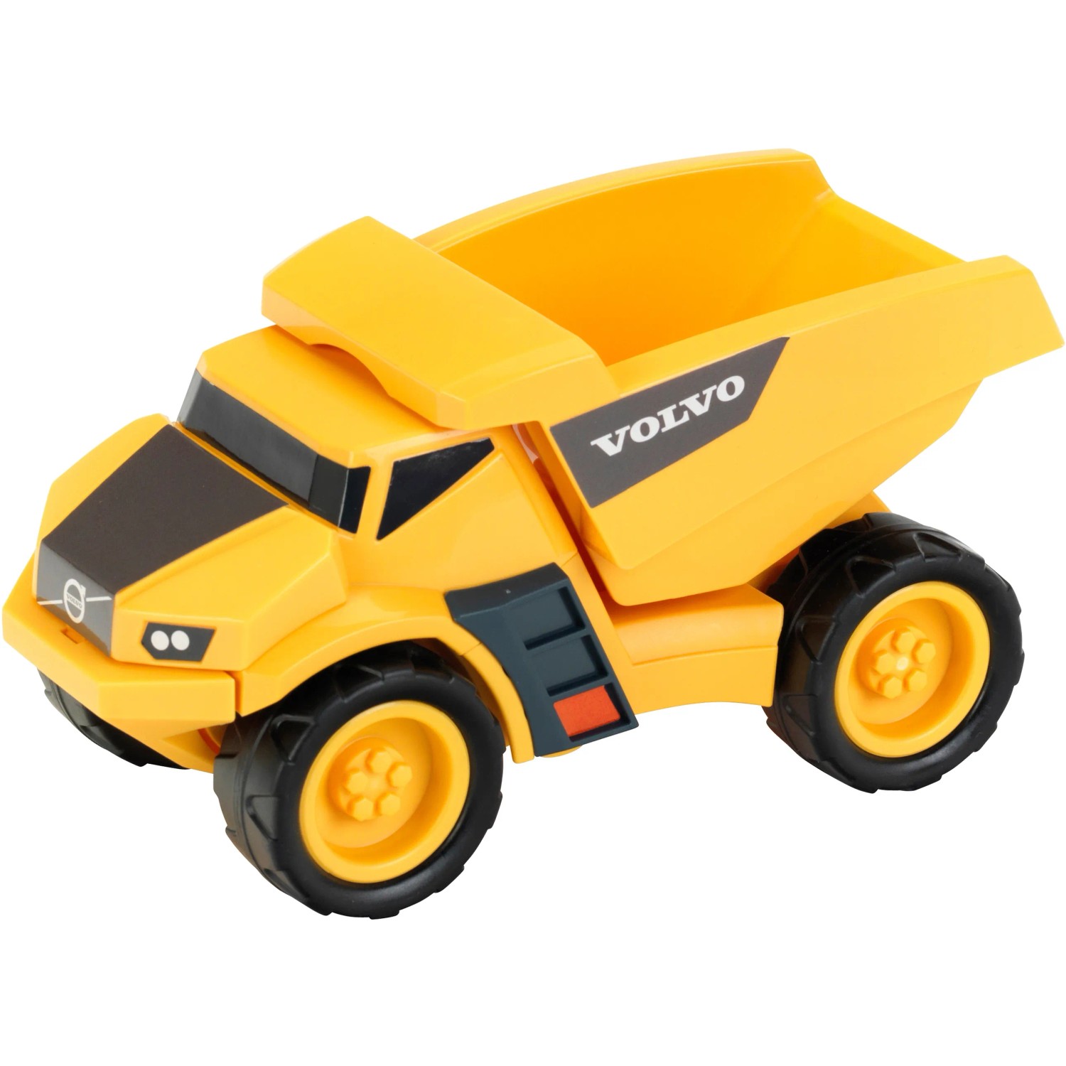 Gelber Volvo Power Kipplaster aus Kunststoff, robustes Spielzeug für Kinder.