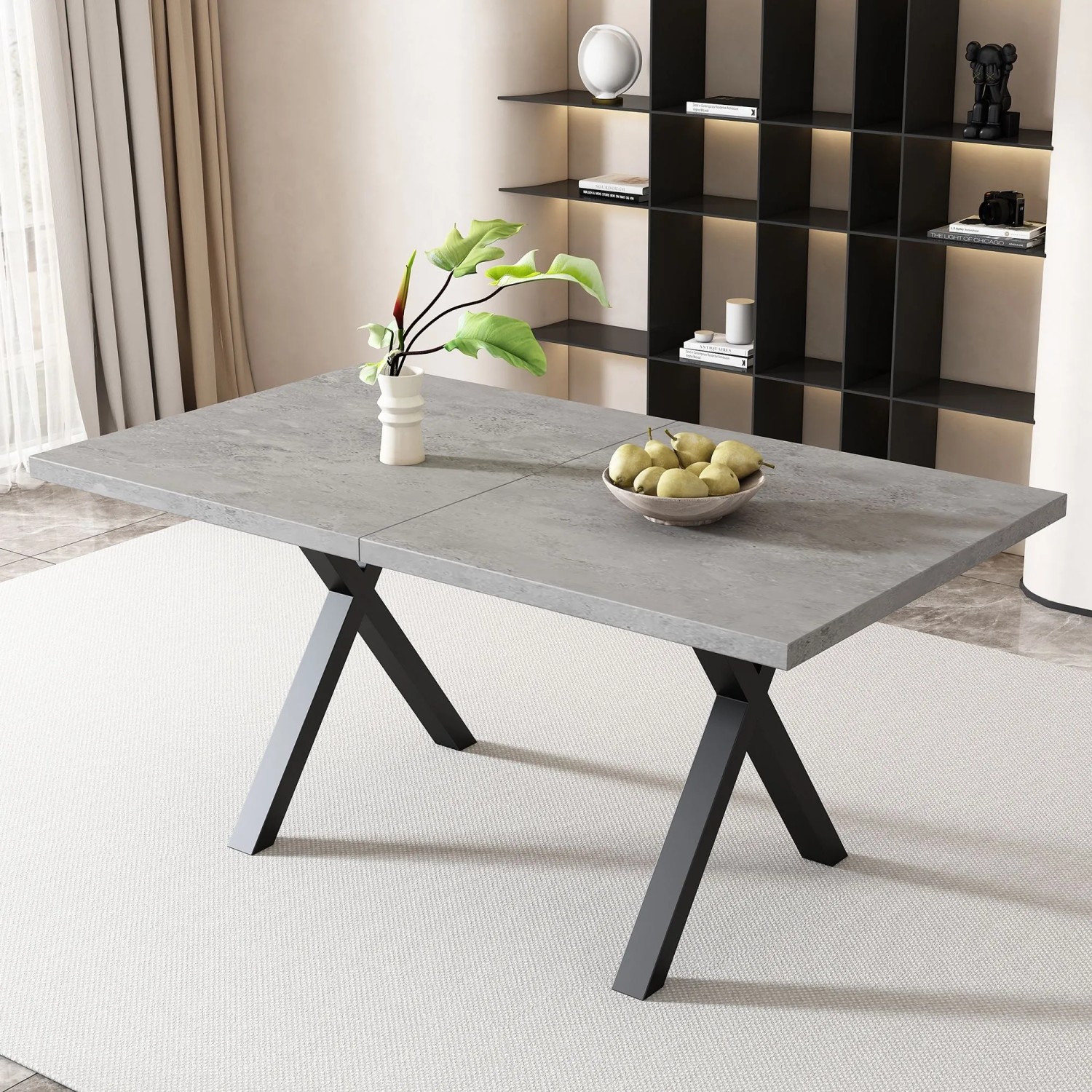 Grauer Esstisch 140x80 cm mit Betonoptik-MDF-Platte und schwarzen Schmiedeeisen-Kreuzbeinen. Moderner, vielseitiger Tisch.